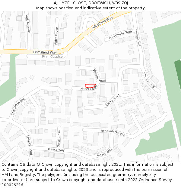 4, HAZEL CLOSE, DROITWICH, WR9 7QJ: Location map and indicative extent of plot