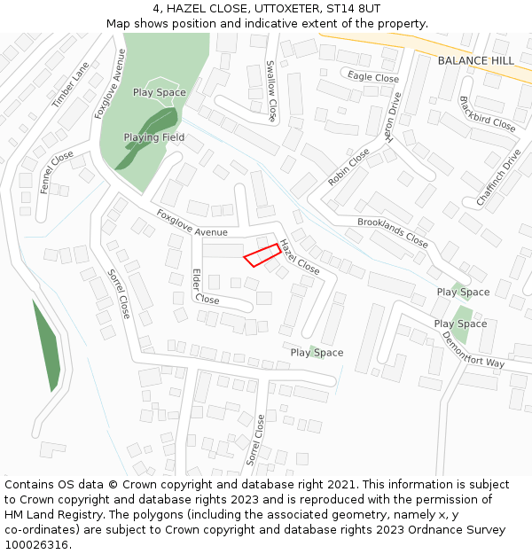 4, HAZEL CLOSE, UTTOXETER, ST14 8UT: Location map and indicative extent of plot