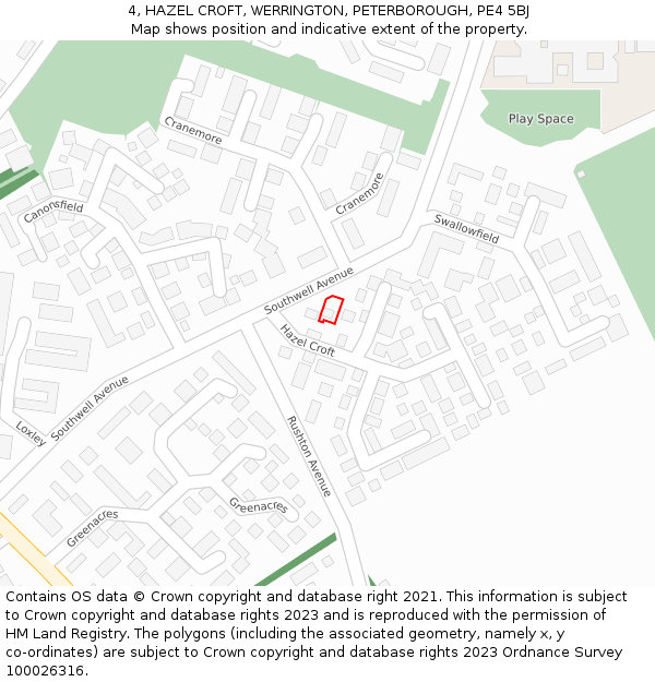 4, HAZEL CROFT, WERRINGTON, PETERBOROUGH, PE4 5BJ: Location map and indicative extent of plot