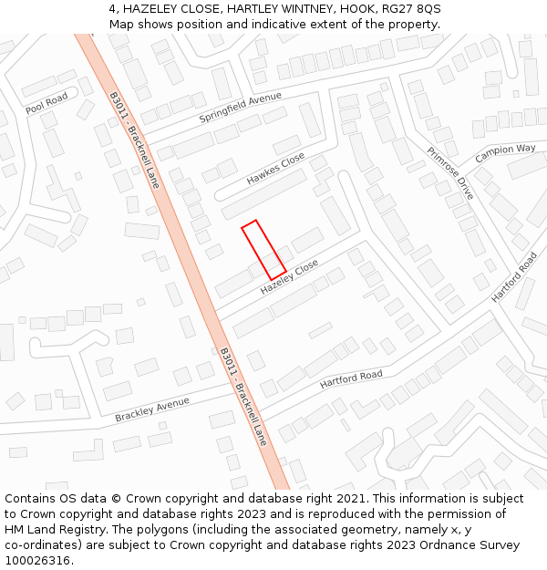 4, HAZELEY CLOSE, HARTLEY WINTNEY, HOOK, RG27 8QS: Location map and indicative extent of plot