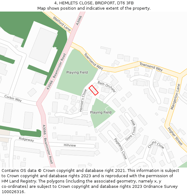 4, HEMLETS CLOSE, BRIDPORT, DT6 3FB: Location map and indicative extent of plot