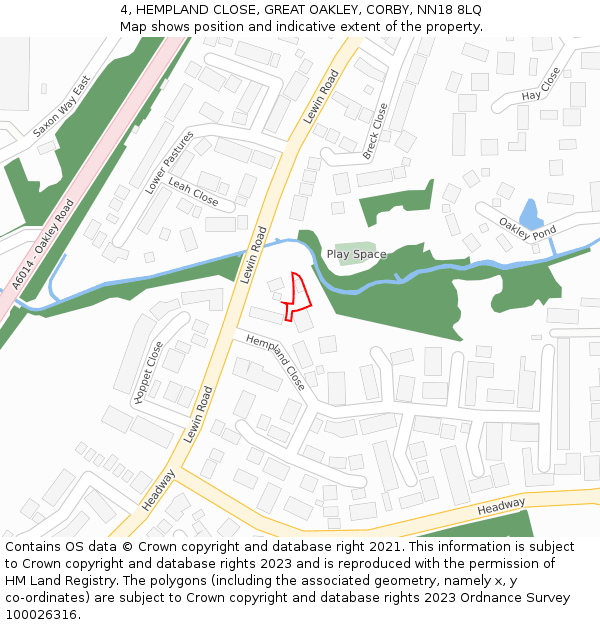 4, HEMPLAND CLOSE, GREAT OAKLEY, CORBY, NN18 8LQ: Location map and indicative extent of plot