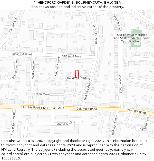 4, HENDFORD GARDENS, BOURNEMOUTH, BH10 5BA: Location map and indicative extent of plot