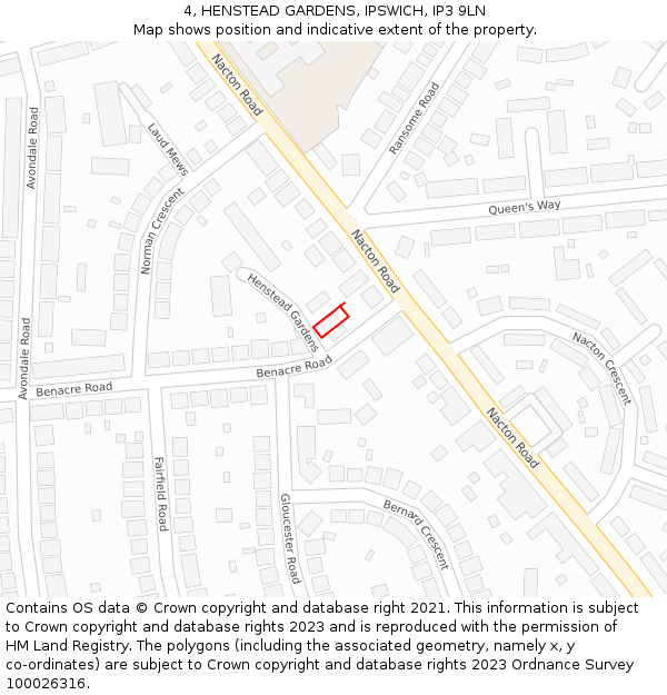 4, HENSTEAD GARDENS, IPSWICH, IP3 9LN: Location map and indicative extent of plot