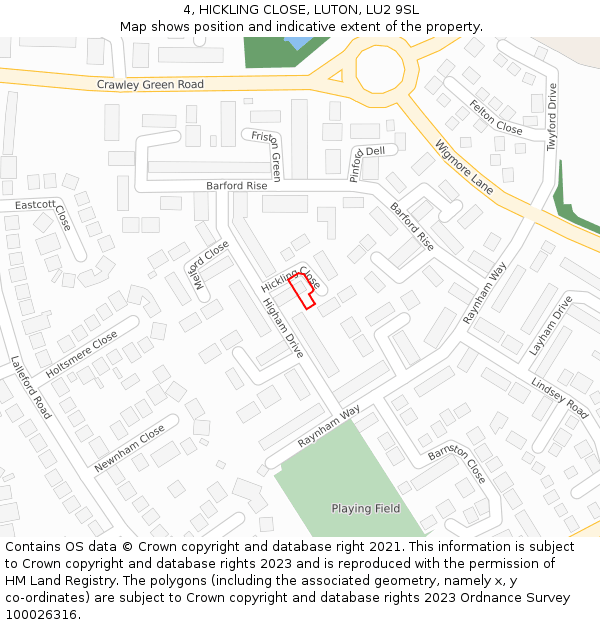 4, HICKLING CLOSE, LUTON, LU2 9SL: Location map and indicative extent of plot