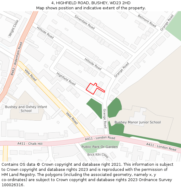 4, HIGHFIELD ROAD, BUSHEY, WD23 2HD: Location map and indicative extent of plot