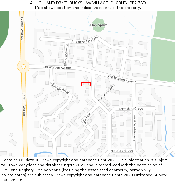 4, HIGHLAND DRIVE, BUCKSHAW VILLAGE, CHORLEY, PR7 7AD: Location map and indicative extent of plot