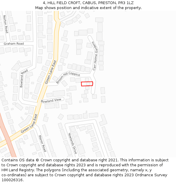 4, HILL FIELD CROFT, CABUS, PRESTON, PR3 1LZ: Location map and indicative extent of plot
