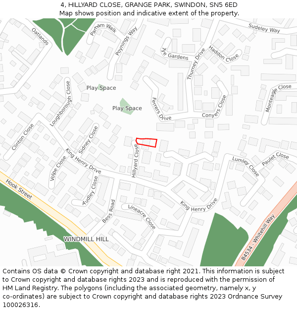 4, HILLYARD CLOSE, GRANGE PARK, SWINDON, SN5 6ED: Location map and indicative extent of plot