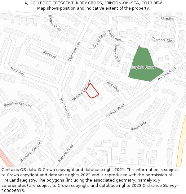 4, HOLLEDGE CRESCENT, KIRBY CROSS, FRINTON-ON-SEA, CO13 0RW: Location map and indicative extent of plot