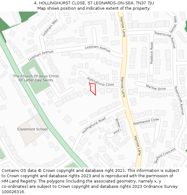 4, HOLLINGHURST CLOSE, ST LEONARDS-ON-SEA, TN37 7JU: Location map and indicative extent of plot