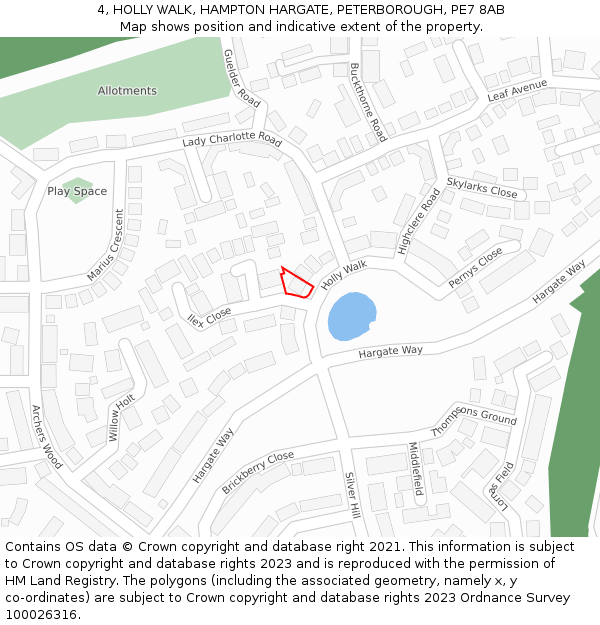 4, HOLLY WALK, HAMPTON HARGATE, PETERBOROUGH, PE7 8AB: Location map and indicative extent of plot