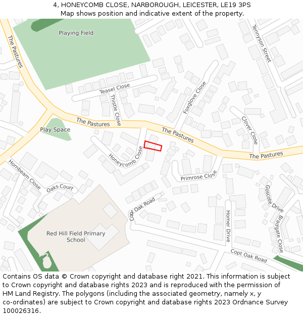 4, HONEYCOMB CLOSE, NARBOROUGH, LEICESTER, LE19 3PS: Location map and indicative extent of plot