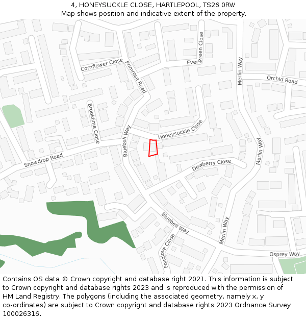 4, HONEYSUCKLE CLOSE, HARTLEPOOL, TS26 0RW: Location map and indicative extent of plot