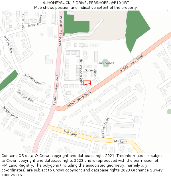 4, HONEYSUCKLE DRIVE, PERSHORE, WR10 1BT: Location map and indicative extent of plot