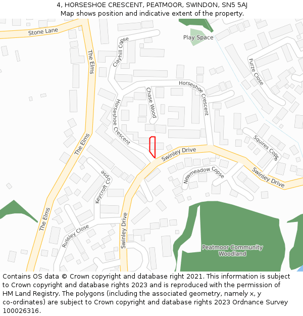 4, HORSESHOE CRESCENT, PEATMOOR, SWINDON, SN5 5AJ: Location map and indicative extent of plot