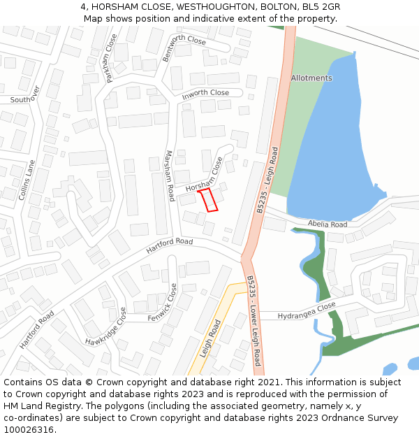 4, HORSHAM CLOSE, WESTHOUGHTON, BOLTON, BL5 2GR: Location map and indicative extent of plot