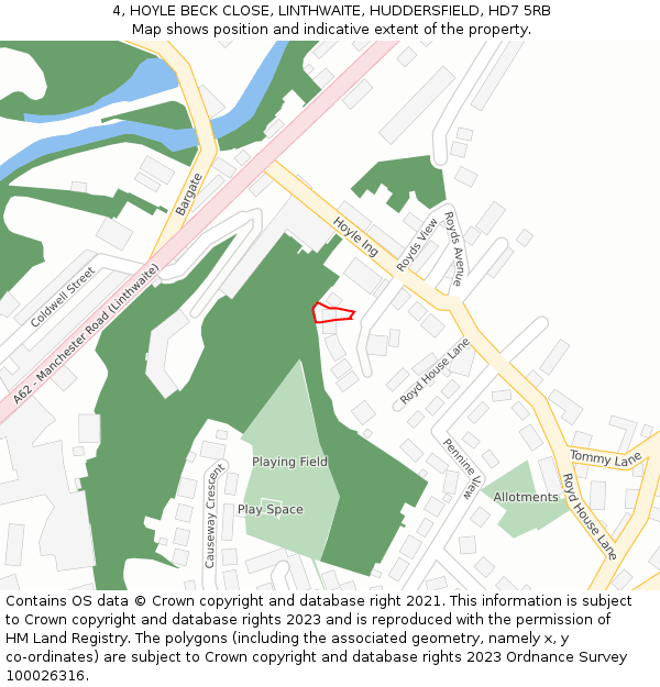 4, HOYLE BECK CLOSE, LINTHWAITE, HUDDERSFIELD, HD7 5RB: Location map and indicative extent of plot