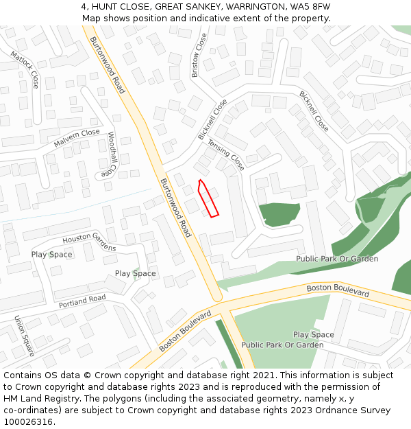 4, HUNT CLOSE, GREAT SANKEY, WARRINGTON, WA5 8FW: Location map and indicative extent of plot