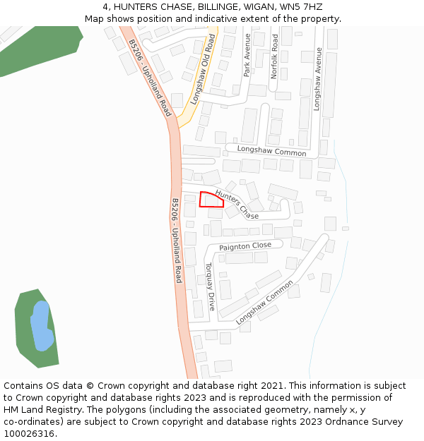 4, HUNTERS CHASE, BILLINGE, WIGAN, WN5 7HZ: Location map and indicative extent of plot