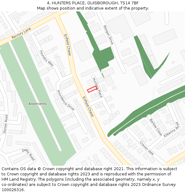 4, HUNTERS PLACE, GUISBOROUGH, TS14 7BF: Location map and indicative extent of plot