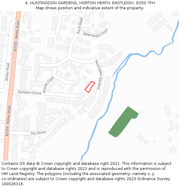 4, HUNTINGDON GARDENS, HORTON HEATH, EASTLEIGH, SO50 7FH: Location map and indicative extent of plot