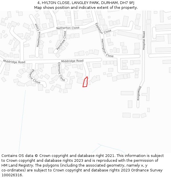 4, HYLTON CLOSE, LANGLEY PARK, DURHAM, DH7 9FJ: Location map and indicative extent of plot