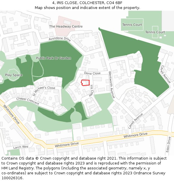 4, IRIS CLOSE, COLCHESTER, CO4 6BF: Location map and indicative extent of plot