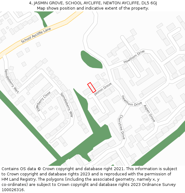 4, JASMIN GROVE, SCHOOL AYCLIFFE, NEWTON AYCLIFFE, DL5 6GJ: Location map and indicative extent of plot