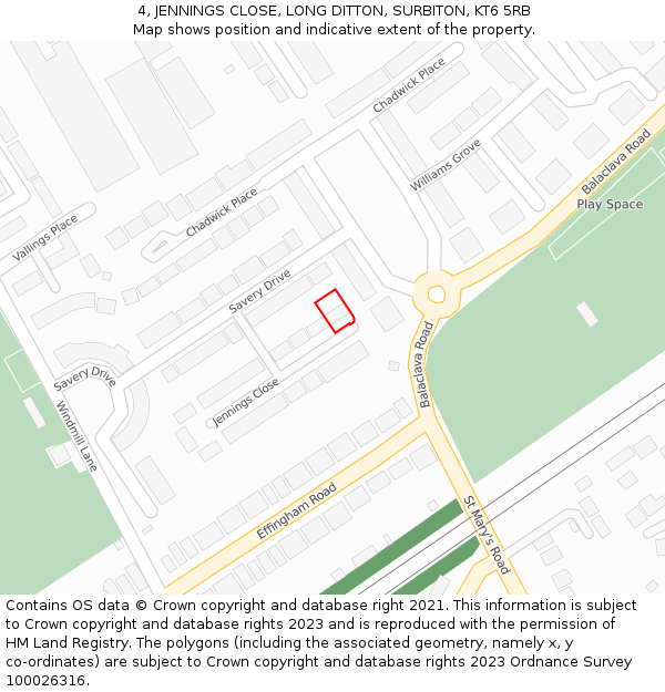 4, JENNINGS CLOSE, LONG DITTON, SURBITON, KT6 5RB: Location map and indicative extent of plot