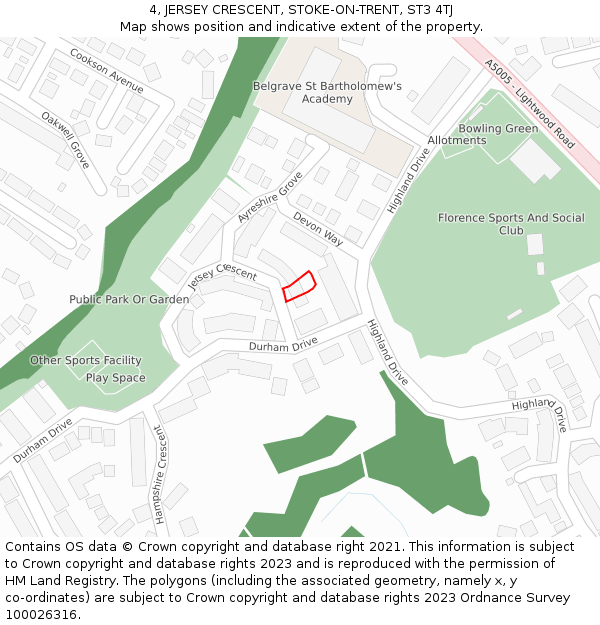 4, JERSEY CRESCENT, STOKE-ON-TRENT, ST3 4TJ: Location map and indicative extent of plot