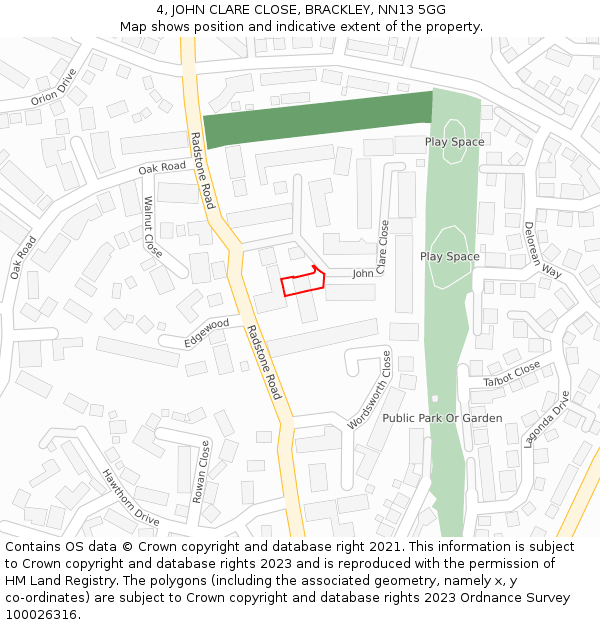 4, JOHN CLARE CLOSE, BRACKLEY, NN13 5GG: Location map and indicative extent of plot