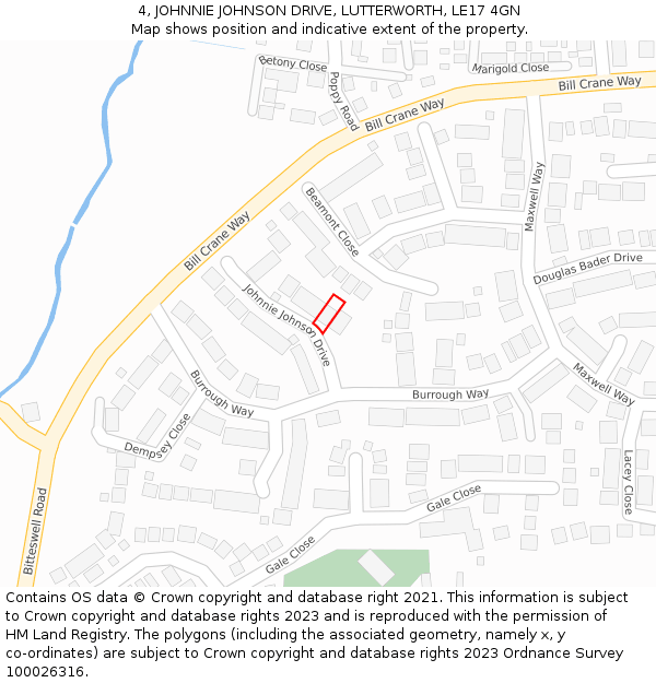4, JOHNNIE JOHNSON DRIVE, LUTTERWORTH, LE17 4GN: Location map and indicative extent of plot