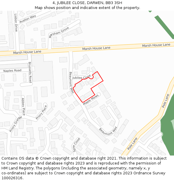 4, JUBILEE CLOSE, DARWEN, BB3 3SH: Location map and indicative extent of plot
