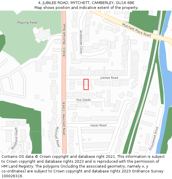 4, JUBILEE ROAD, MYTCHETT, CAMBERLEY, GU16 6BE: Location map and indicative extent of plot