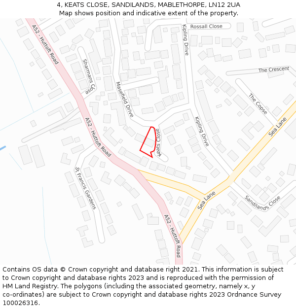 4, KEATS CLOSE, SANDILANDS, MABLETHORPE, LN12 2UA: Location map and indicative extent of plot