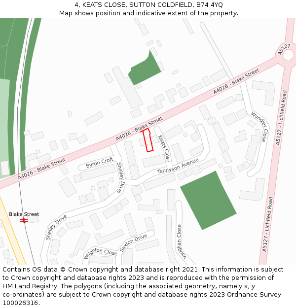 4, KEATS CLOSE, SUTTON COLDFIELD, B74 4YQ: Location map and indicative extent of plot