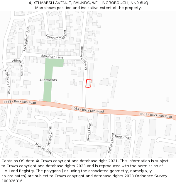 4, KELMARSH AVENUE, RAUNDS, WELLINGBOROUGH, NN9 6UQ: Location map and indicative extent of plot