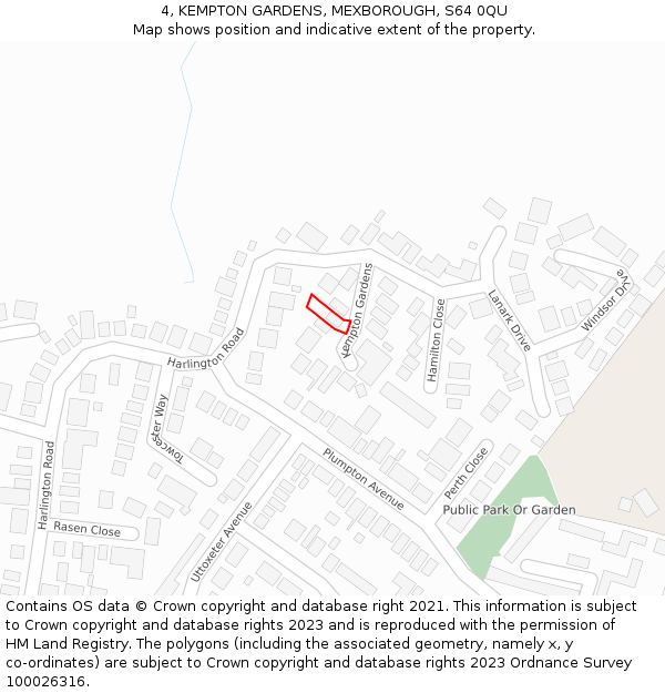 4, KEMPTON GARDENS, MEXBOROUGH, S64 0QU: Location map and indicative extent of plot