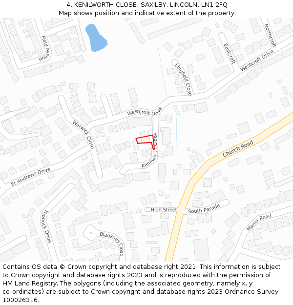 4, KENILWORTH CLOSE, SAXILBY, LINCOLN, LN1 2FQ: Location map and indicative extent of plot