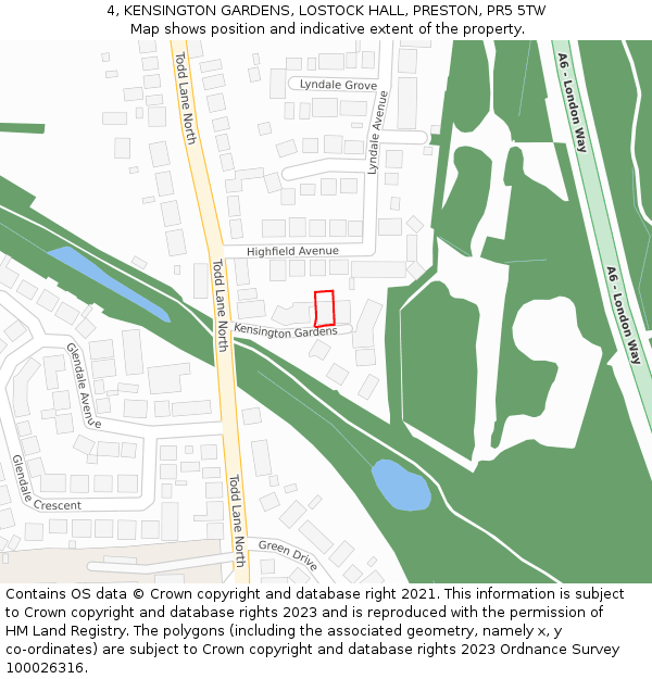 4, KENSINGTON GARDENS, LOSTOCK HALL, PRESTON, PR5 5TW: Location map and indicative extent of plot