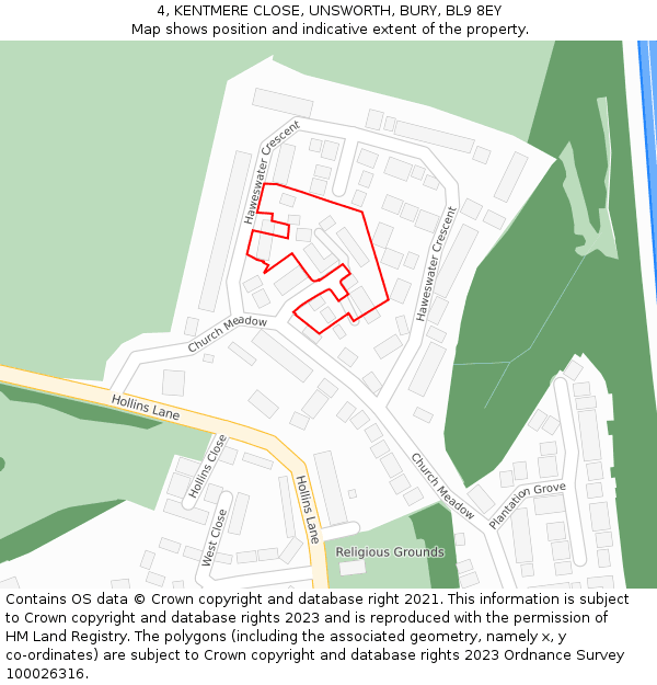 4, KENTMERE CLOSE, UNSWORTH, BURY, BL9 8EY: Location map and indicative extent of plot
