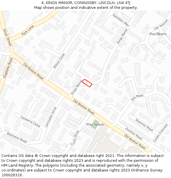 4, KINGS MANOR, CONINGSBY, LINCOLN, LN4 4TJ: Location map and indicative extent of plot