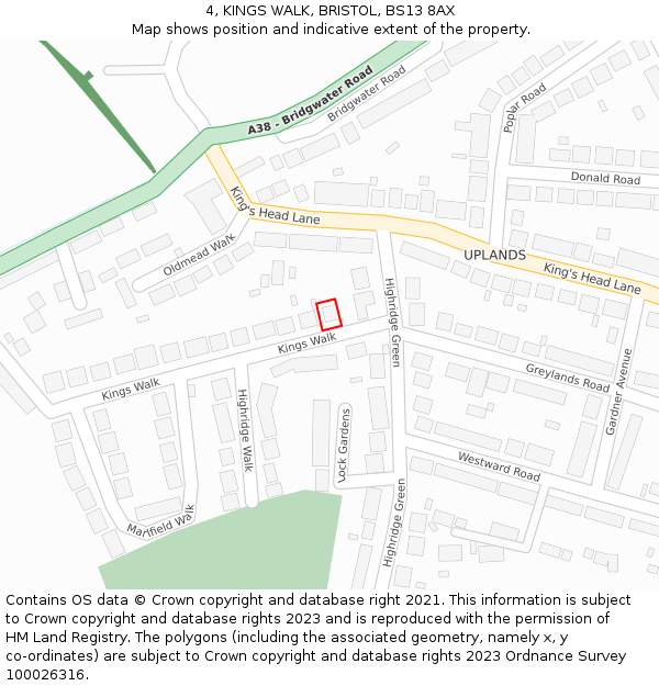 4, KINGS WALK, BRISTOL, BS13 8AX: Location map and indicative extent of plot