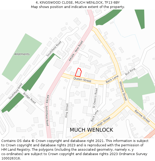 4, KINGSWOOD CLOSE, MUCH WENLOCK, TF13 6BY: Location map and indicative extent of plot
