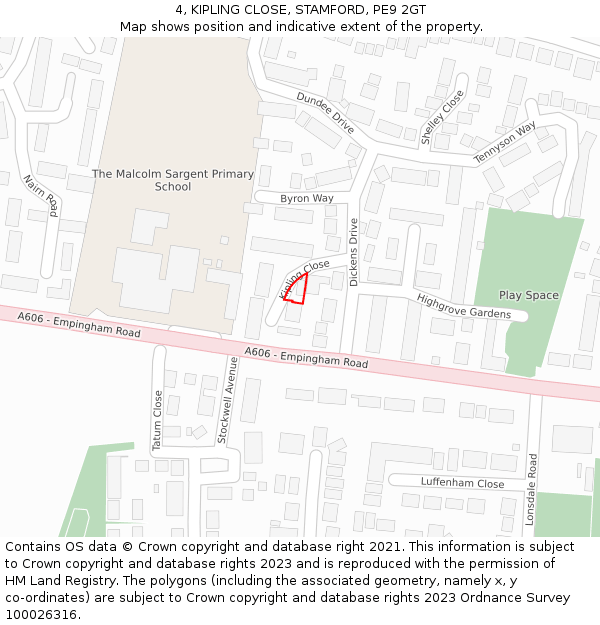 4, KIPLING CLOSE, STAMFORD, PE9 2GT: Location map and indicative extent of plot
