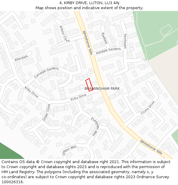 4, KIRBY DRIVE, LUTON, LU3 4AJ: Location map and indicative extent of plot