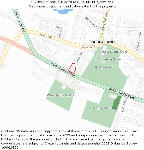 4, KNOLL CLOSE, THURGOLAND, SHEFFIELD, S35 7DZ: Location map and indicative extent of plot