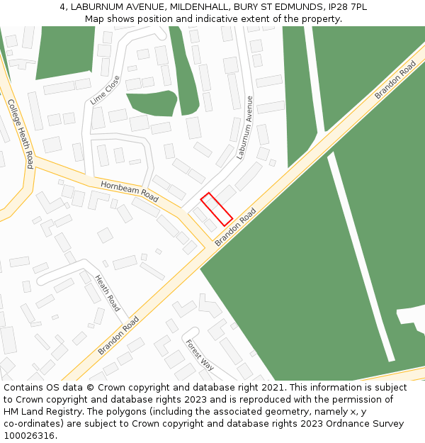 4, LABURNUM AVENUE, MILDENHALL, BURY ST EDMUNDS, IP28 7PL: Location map and indicative extent of plot