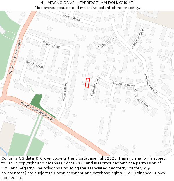 4, LAPWING DRIVE, HEYBRIDGE, MALDON, CM9 4TJ: Location map and indicative extent of plot